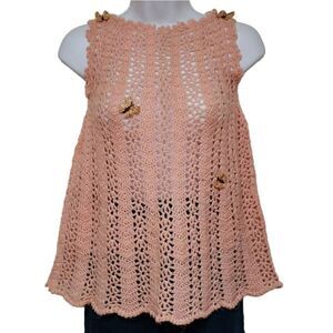 VINTAGE Peach Color Crocheted Butterfly Embellished Top 